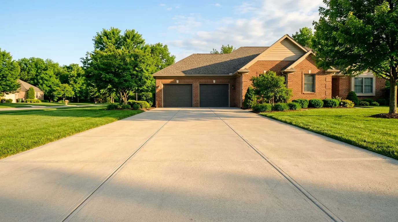 A wide residential concrete driveway sitting perfectly level up to an attached garage, every control joint flush, in warm late afternoon light