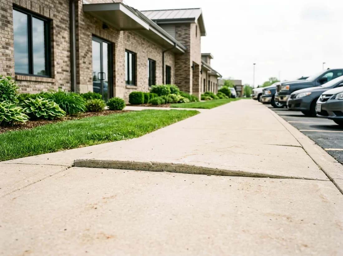A raised concrete slab creating a trip hazard on a commercial walkway beside a brick building and parking lot