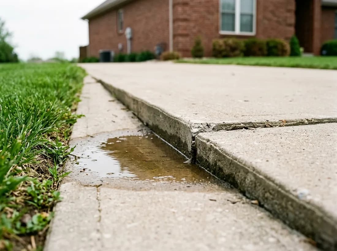 A driveway panel dropped about two inches below its neighbour at the control joint, with rainwater pooled in the low side