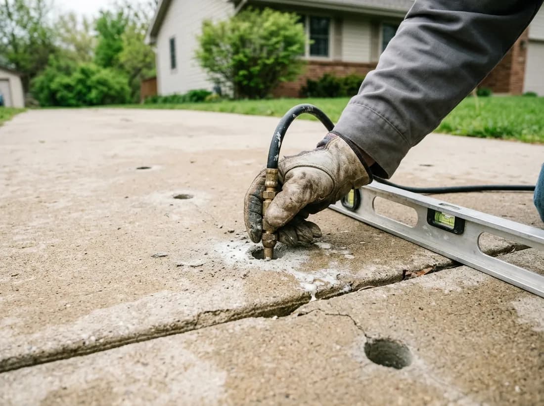 A gloved hand steadying a polyurethane injection nozzle in a penny-sized hole drilled in a driveway slab, with a spirit level lying across the panel