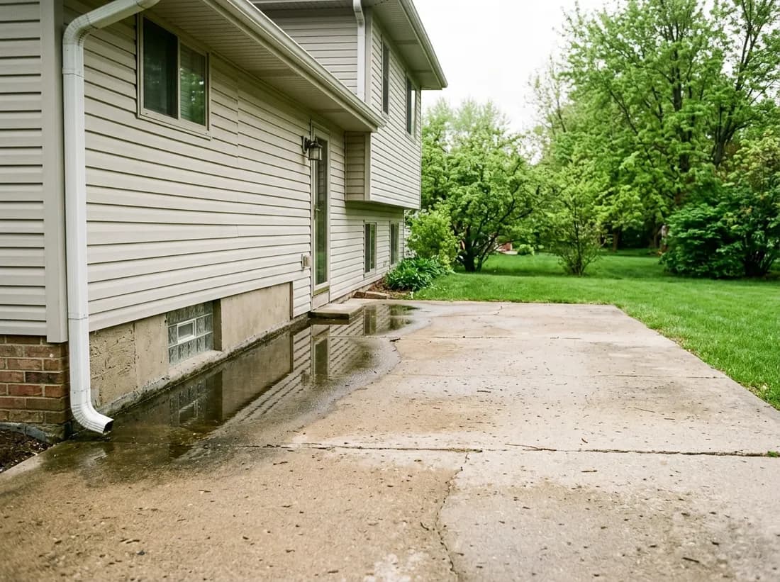 A settled backyard patio slab with rainwater pooled against the foundation wall of a house, downspout discharging nearby