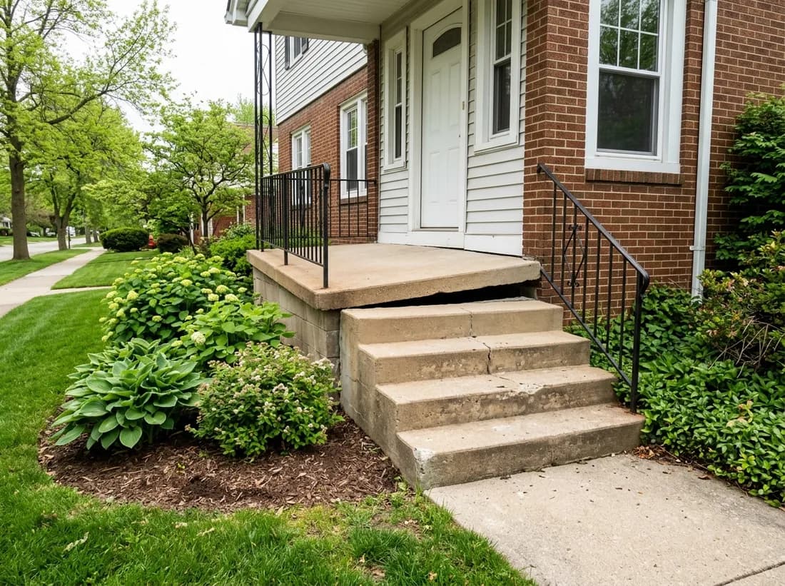 A settled concrete front stoop tilted away from a brick house, leaving a gap at the siding and an uneven bottom step